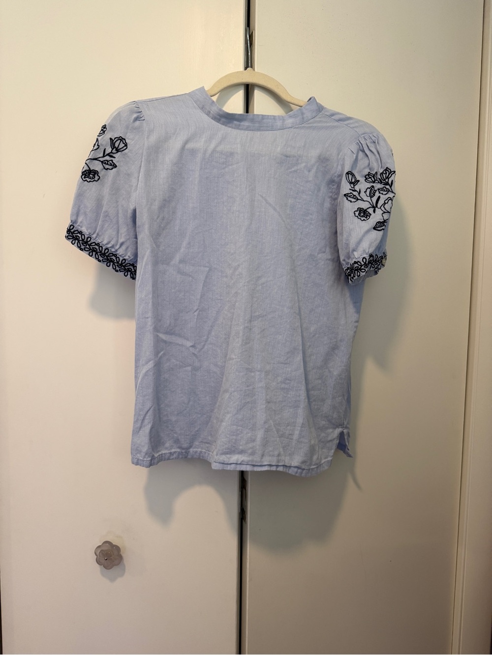LOFT Light Blue Puff Sleeve Blouse with Navy Floral Embroidery